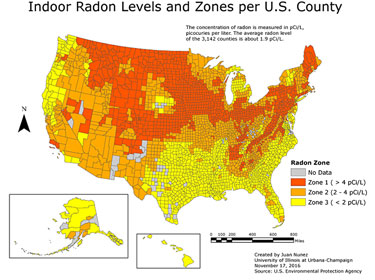 Indoor radon levels by county in the United States.